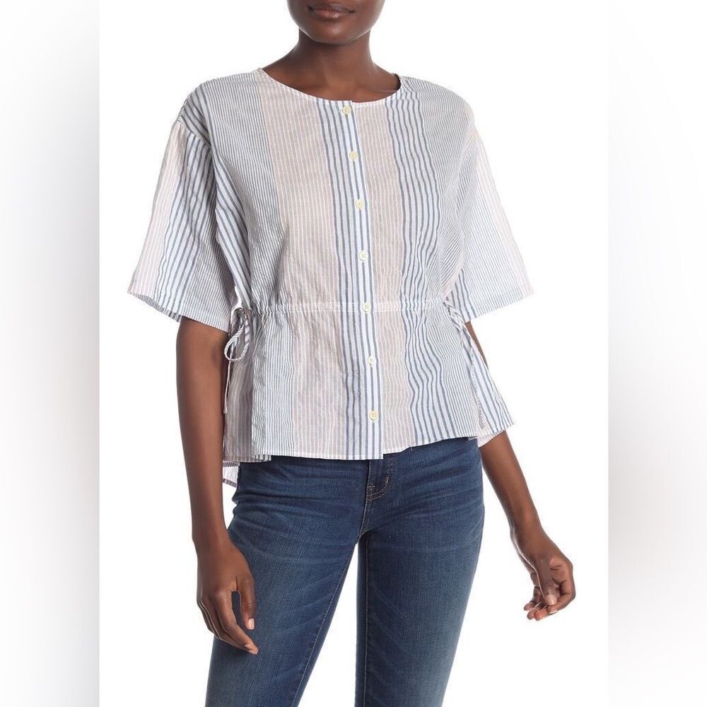 Madewell Atlantic Stripe Drawstring Waist Top blouse L5107 Size S Multicolor